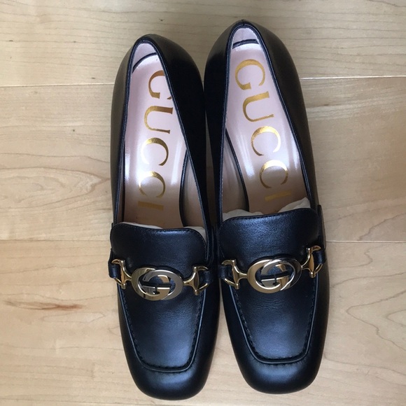 Gucci Zumi GG silver/gold Logo Black Leather Square Toe Mid Heel Loafers Pumps - Picture 2 of 6